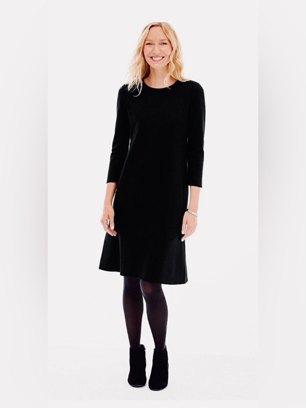 J. JILL- Size Small-Black Ponte Crew Neck, Stretch 3/4 Sleeves Knee Length Dress